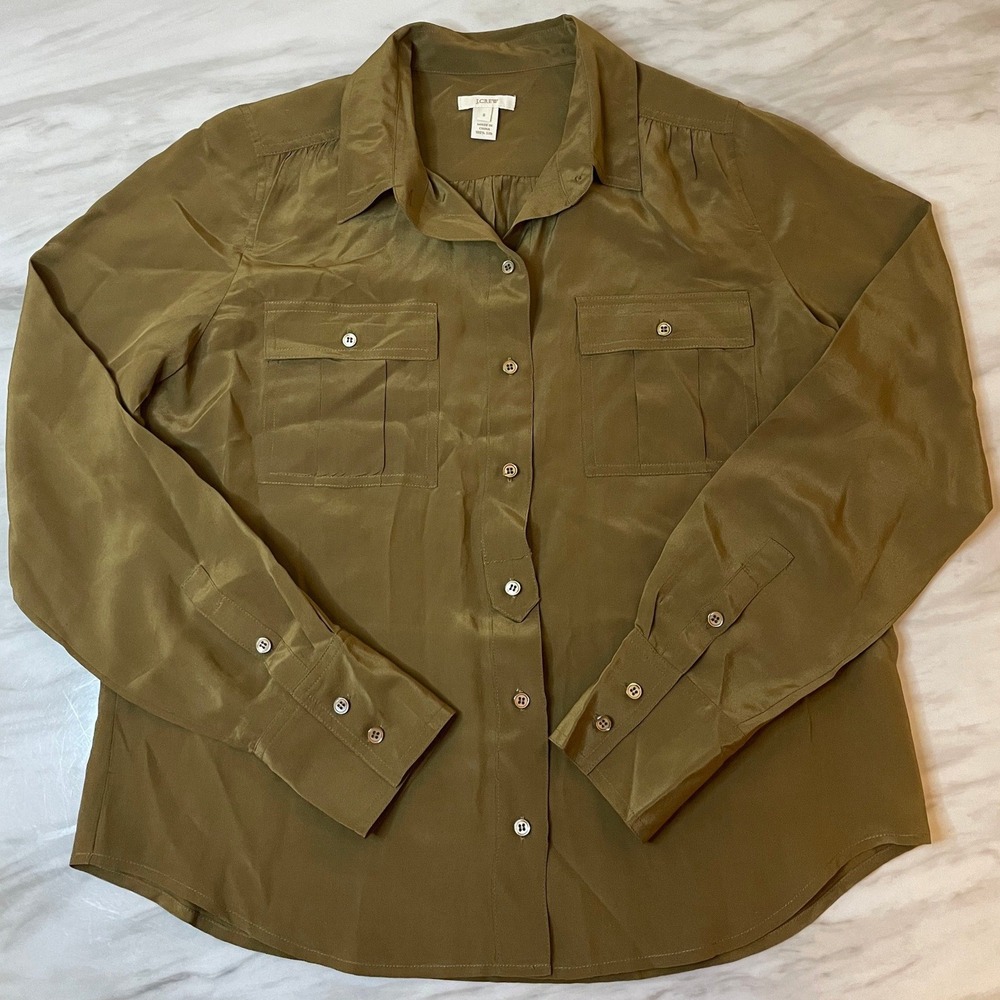 J. Crew 100% Silk Button Down Blouse Olive Green Front Pocket Women Sz 8 Shimmer